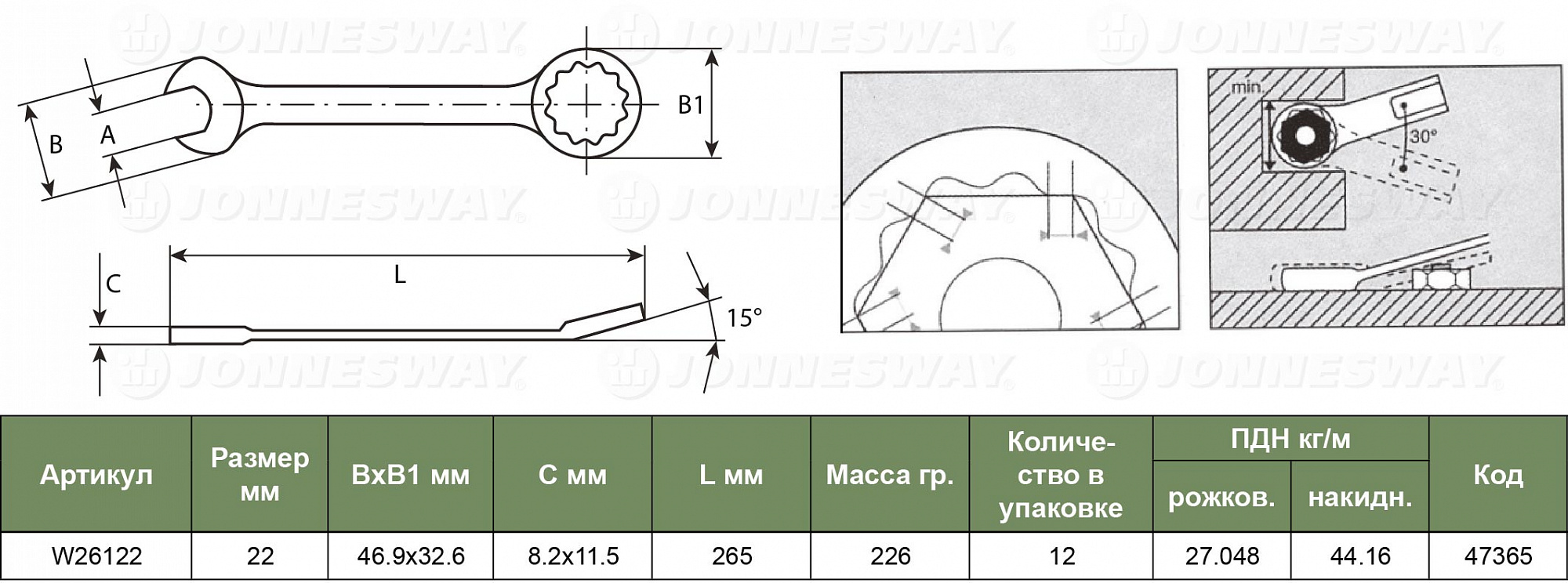 Ключ комбинированный Jonnesway W26122 22мм доставка Нижний Новгород 1 Ключ комбинированный Jonnesway W26122 22мм купить 1
