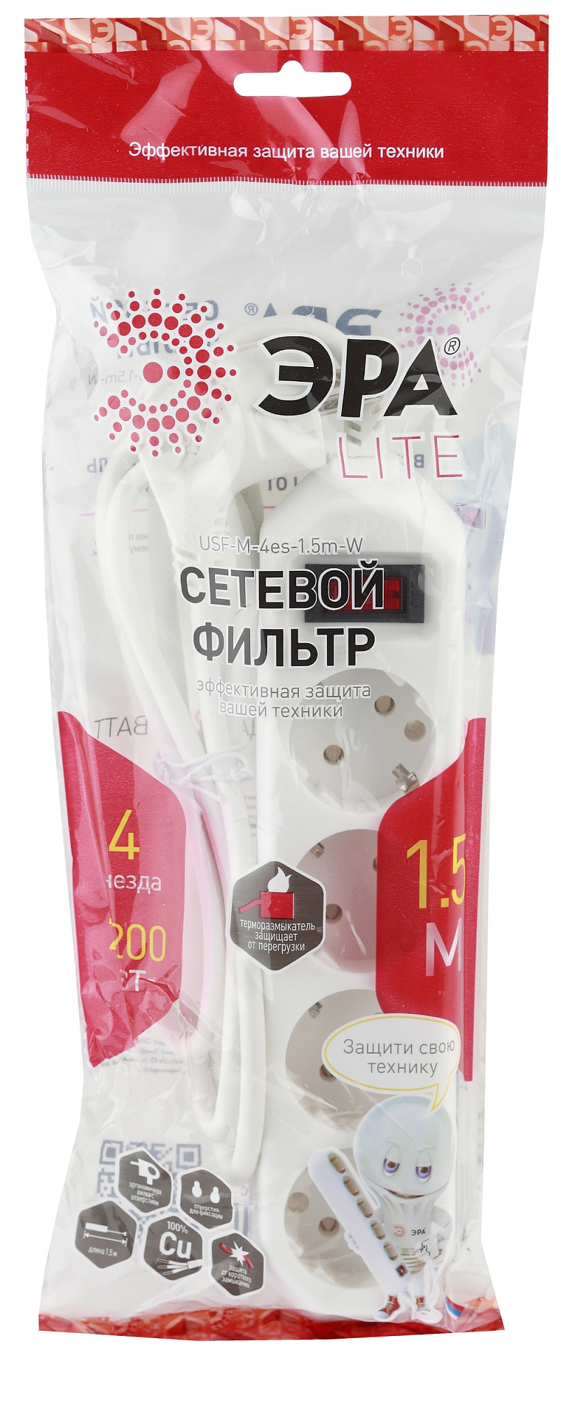 Фильтр сетевой USF-4es-1.5m-W с з/к, 3*0.75мм2 белый ЭРА 346670 купить 4