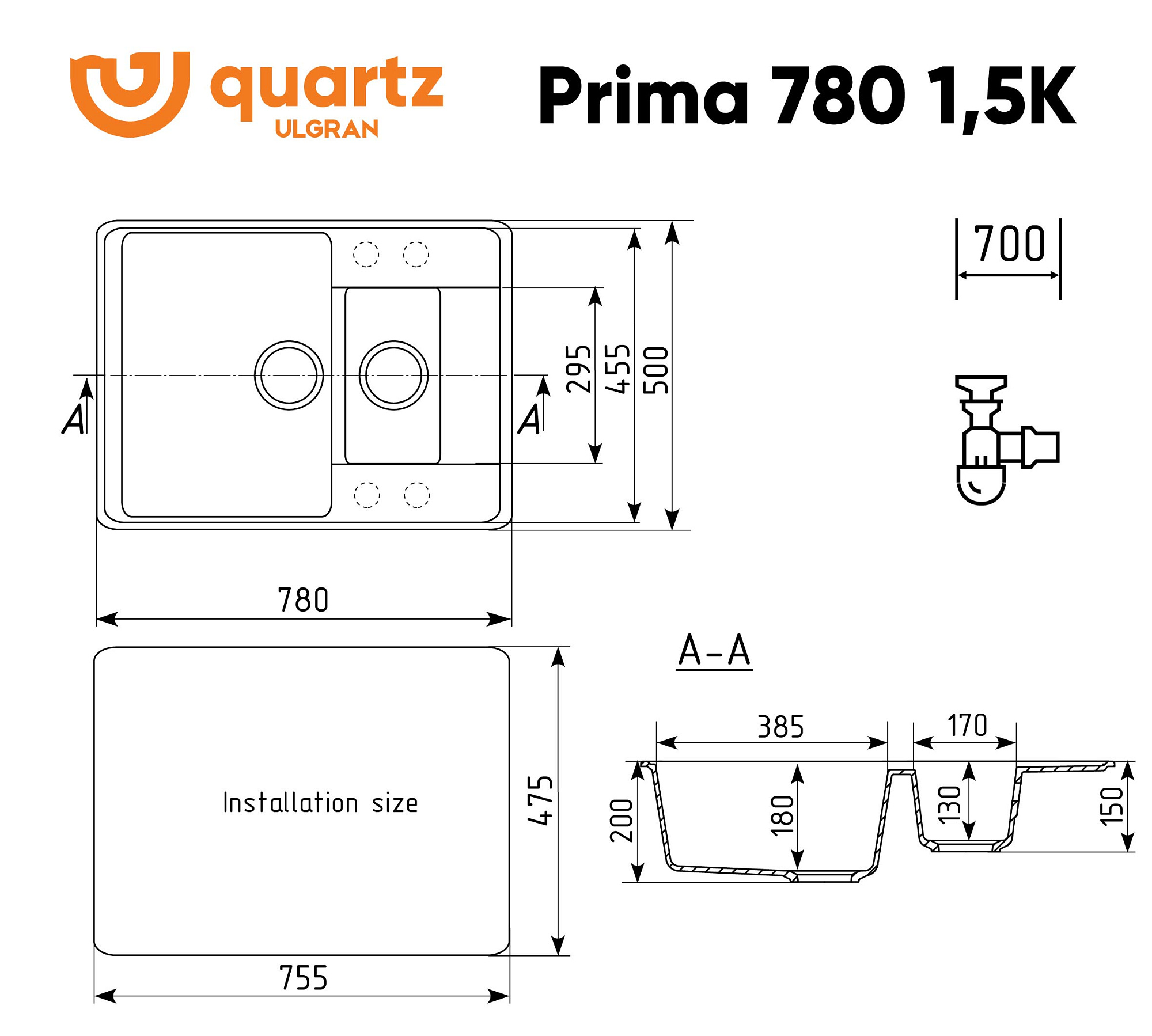 Мойка для кухни Ulgran Quartz Prima 780 1,5 K-06 кварцевая прямоугольная 78*50см 2 чаши трюфель купить 1