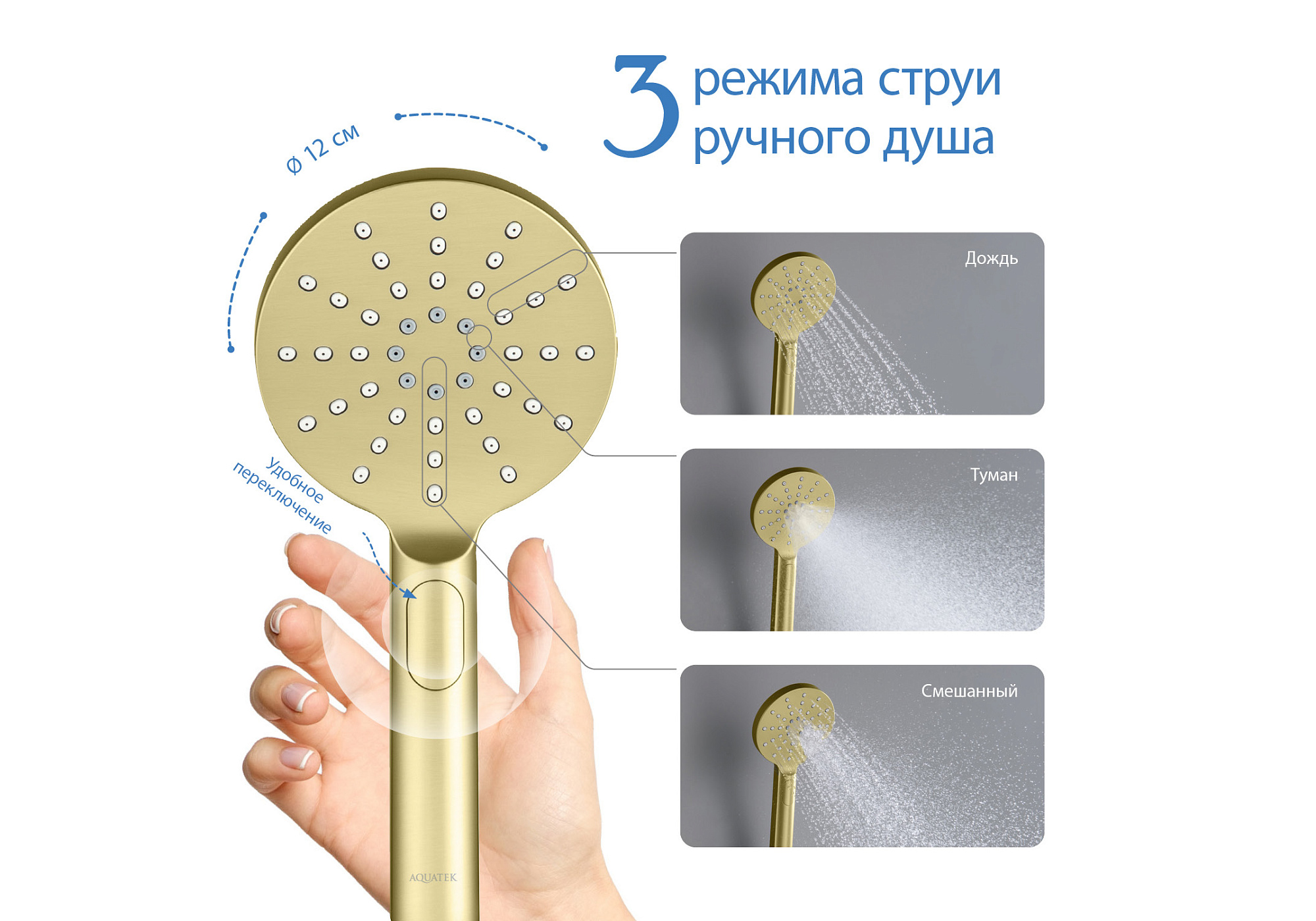 Душ ручной ОБЕРОН Select 120 3 jet шлифованное золото Aquatek AQ2006BG доставка Нижний Новгород 2 Душ ручной ОБЕРОН Select 120 3 jet шлифованное золото Aquatek AQ2006BG купить 2