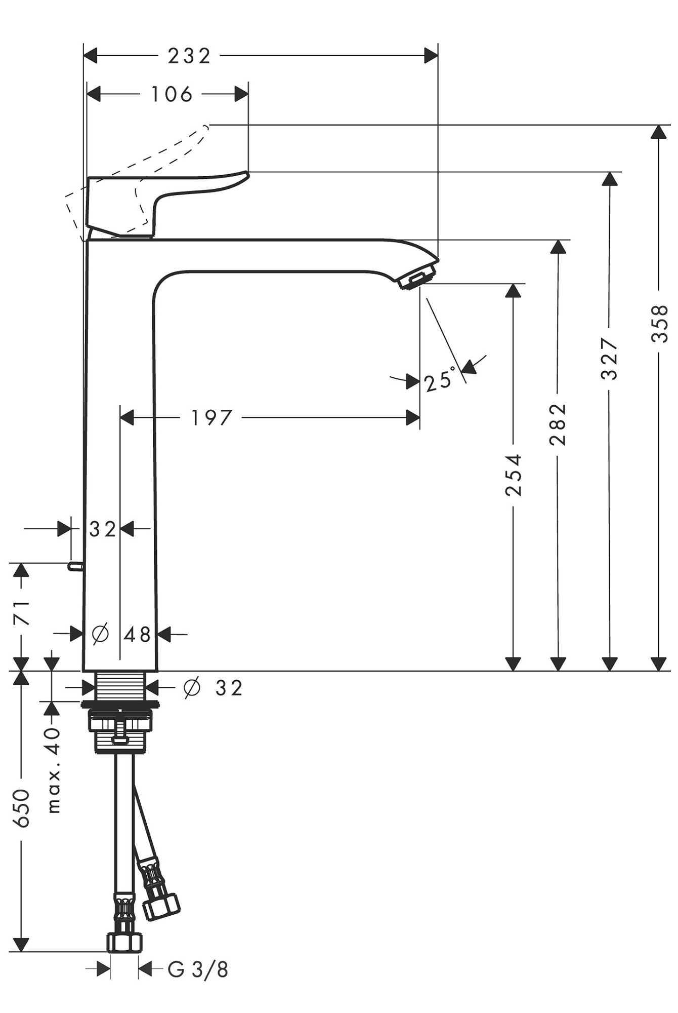 Смеситель HANSGROHE Metris 31082000 для раковины с высоким изливом хром купить 7