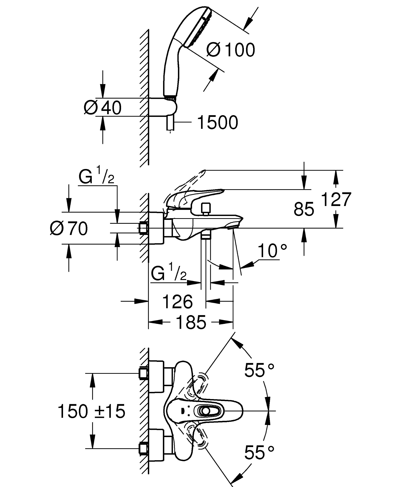 Смеситель Eurostyle для ванны с ручным душем цвет хром GROHE 3359230A купить 1