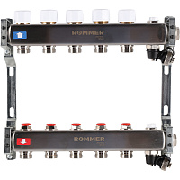 Коллектор без расходомеров 5 выходов с клапаном выпуска воздуха и сливом Rommer RMS-3201-000005