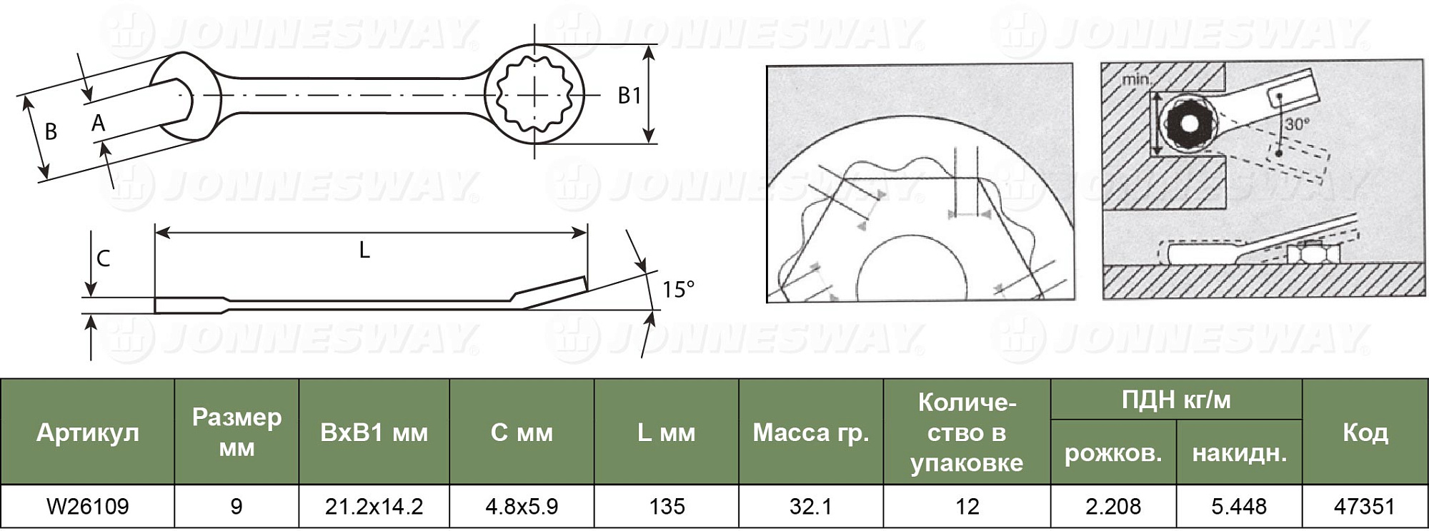 Ключ комбинированный Jonnesway W26109 9мм купить 1